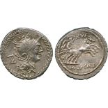 ANCIENT COINS, ROMAN COINS, M. Lucilius Rufus (101 BC), Silver Denarius, helmeted head of Roma