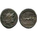 ANCIENT COINS, ROMAN COINS, L. Iulius (101 BC), Silver Denarius, helmeted head of Roma facing right,