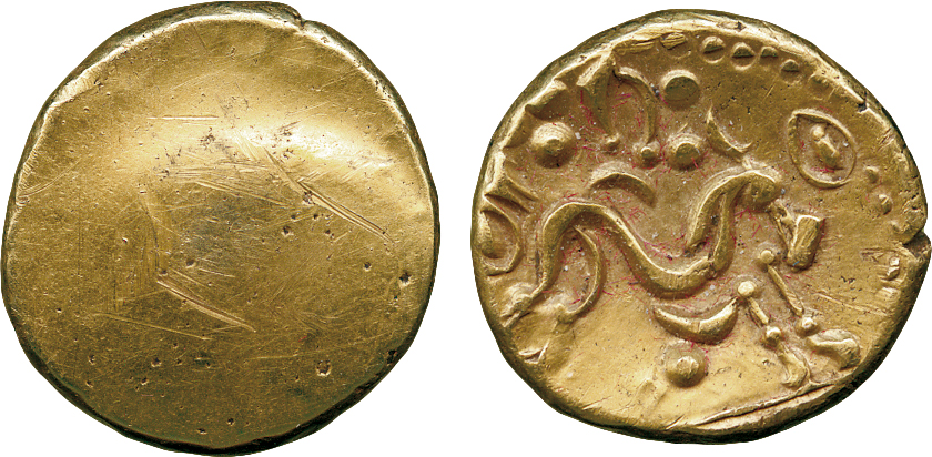 ANCIENT COINS, ANCIENT BRITISH, Celtic Gold, Gallo-Belgic import E, Ambiani, uniface Gold Stater,