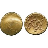 ANCIENT COINS, ANCIENT BRITISH, Celtic Gold, Gallo-Belgic import E, Ambiani, uniface Gold Stater,