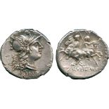 ANCIENT COINS, ROMAN COINS, C. Servilius (136 BC), Silver Denarius, helmeted head of Roma facing