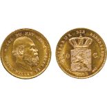 WORLD COINS, Netherlands, Willem III, Gold 10-Gulden, 1888, old head right, rev arms (Sch 557 (R); F