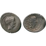 ANCIENT COINS, ROMAN COINS, Mark Antony, Silver Denarius, travelling mint, struck 42 BC, bearded