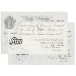BANKNOTES, Great Britain, Bank of England, uniface White £5 (2), 29 October 1949, London,