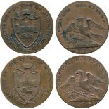 BRITISH 18TH CENTURY TOKENS, ENGLAND, Dunham & Yallop, Copper Halfpenny (2), 1793, obv shield of