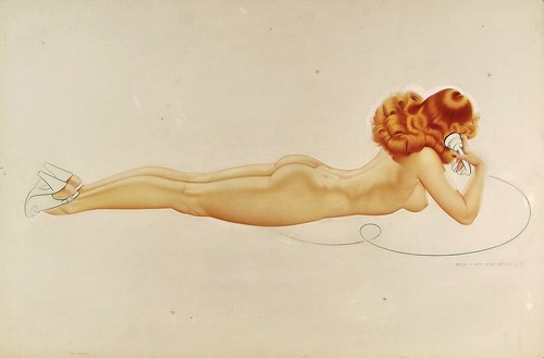 ARCHIE DICKENS. An original airbrushed glamour illustration c.1950's. Signed. 49 x 74cm. Unframed.