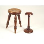 STOOL ETC. A turned oak small stool, height 26cm & a mahogany wig stand.