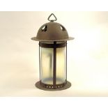 HALL LANTERN. An Arts & Crafts brass mounted hall lantern, with cylindrical vaseline glass shade.