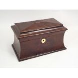 TEA CADDY. A Georgian mahogany tea caddy (lacks glass bowl). Patent lock. 18x19x33cm.