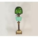 OIL LAMP. A Victorian oil lamp with opaque glass fount & cast brass & marble Corinthian column.