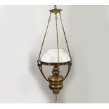 OIL LAMP. A brass hanging oil lamp with pierced supports. Drop 89cm.