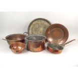 COPPER WARES. Six various old copper cooking pans etc. Largest diameter 47cm.