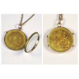 SOVEREIGN. A 1908 full sovereign in 9ct. gold locket mount.