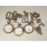 POCKET WATCHES ETC. Three various pocket watches, two silver fobs & four watch chains (one silver).
