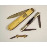 FOLDING KNIVES. Two folding pocket knives & a miniature novelty knife.