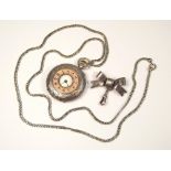 FOB WATCH. A silver & enamelled half hunter fob watch with silver bow fob brooch & silver chain.