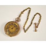 FOB WATCH. A 9ct. gold cased fob watch, with silver gilt dial & 15ct. gold watch chain.