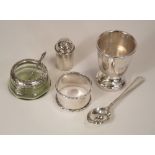 MISCELLANEOUS. A silver mounted glass salt & spoon, three other silver pieces & an EPNS egg cup.