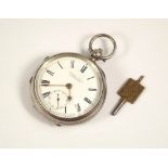 POCKET WATCH. A silver open faced pocket watch with key.