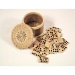 MINIATURE DOMINOES. An incomplete set of 27 miniature bone dominoes in pierced bone case.