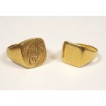 SIGNET RINGS. A gentleman's 18ct. gold signet ring & one other signet ring (worn). Approx. 16.2g.