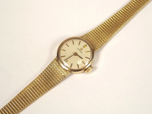 GOLD WATCH. A lady's 9ct. gold cased Omega wristwatch & tapering strap. Original box. - Image 2 of 2