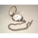 WATCH & CHAIN. A silver half hunter pocket watch with silver watch chain.