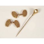 CUFFLINKS ETC. A pair of 9ct. gold cufflinks, approx. 2.8g, & an engraved stick pin.