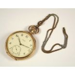 POCKET WATCH. A gold plated, open faced pocket watch with chain.