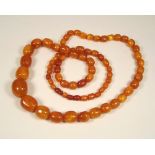 AMBER. A long string of approx. 78 amber beads. Approx 100g.