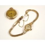 GOLD WATCH ETC. A lady's 9ct. gold cased Roamer wristwatch & strap & a gold plated fob watch.