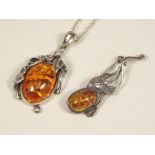 AMBER. A modern silver set 'amber' pendant & similar brooch.