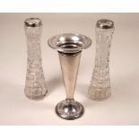 SPILL VASES. A spill vase, Birmingham 1919, height 16.5cm, & two glass spill vases.