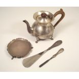 MISCELLANEOUS. A Victorian bachelor teapot (repaired), a 1920s card tray etc.