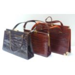 Three vintage ladies crocodile skin handbags in brown, the largest 35cm wide, including one by