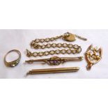 9ct gold padlock and chain bracelet, 9ct gold wishbone pendant, 9ct gold bar brooch set with