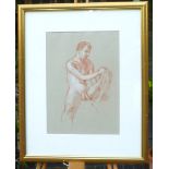 Pastel figure of a naked man, hand resting on his knee, 31x22cm, framed & glazed