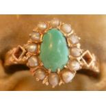 Turquoise and pearl cluster ring, Russian 56 zolotniks [14k-583 standard] gold mark