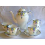 Collingwood Art Deco floral decorated porcelain two person coffee set comprising coffee pot, cups