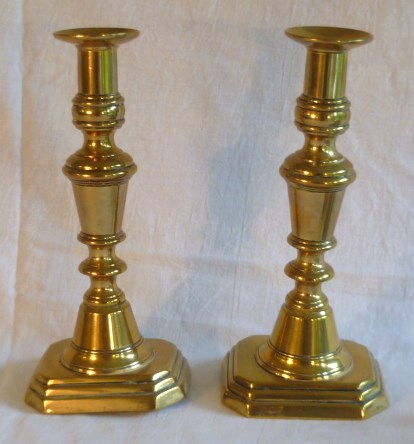 Pair of 19th century brass candlesticks with ejectors, stepped bases, 26cm high, together with a - Image 2 of 3