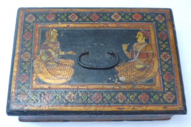 Hand painted Indian wooden jewellery box, the lid decorated with seated nobleman and woman, floral - Image 3 of 3