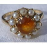 Citrine and pearl cluster ring on 9ct gold, approx size Q