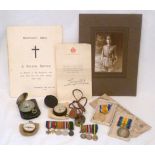 Collection of militaria comprising eight miniature WW2 medals on two bars, card dog tags, 1919