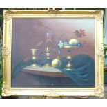 Oil on canvas still life of fruit on a table with gilt bowl and cup, 50x60cm, gilt framed