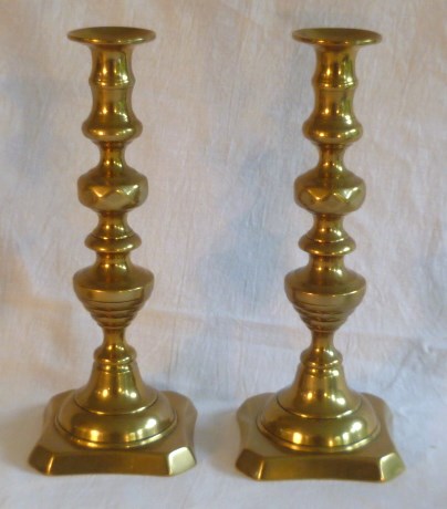 19th century pair of brass candlesticks, 30cm high, together with a French Gaudard Lampe Feutree - Image 4 of 4