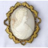 Shell cameo brooch depicting a classical goddess on a pale shell, set into a yellow metal scroll