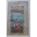 Hand painted Indian illustration of a kneeling man, the coloured section approx 17.5x8.5cm, framed