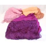 Three large vintage coloured silk shawls with tassels