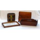 Mahogany desk top stationery rack, 30cm wide, together with a twin compartment letter tray with