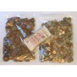 Large assortment of unsorted British and foreign coins, the British coins including large quantity